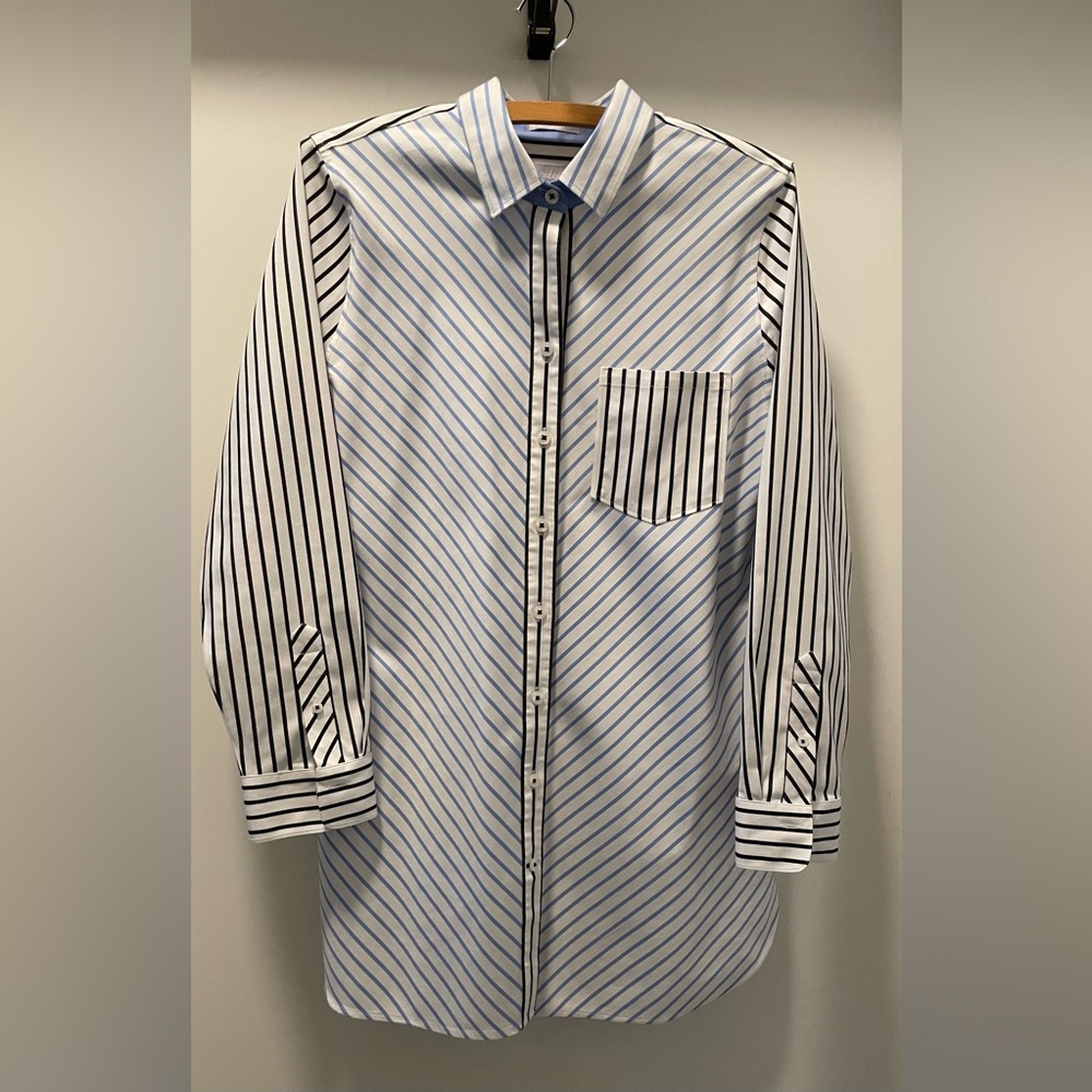 Chico's Blue and Black Striped Button Down Tunic Ladies Shirt